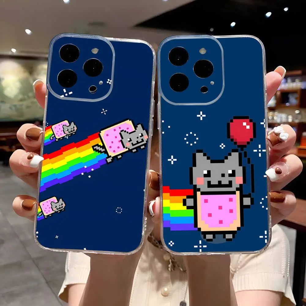 Niedliche, lustige N-Nyan-Katzen-Handyhülle für iPhone 17 Air 16 E 15 14 13 12 Mini 11 Pro Max – transparente, sturzsichere Schutzhülle