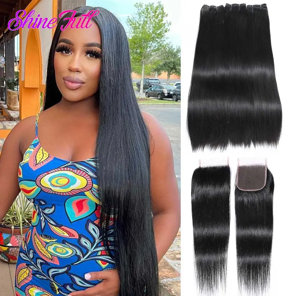 Brazilian Straight 12A Human hair Double Drawn bundles with 4x4 closure Hair extension 8-24