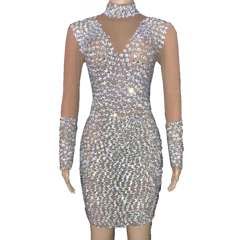 

Rhinestone Sexy Silver Turtleneck Dress Prom Evening Transparent Mesh See Through Birthday Clothing