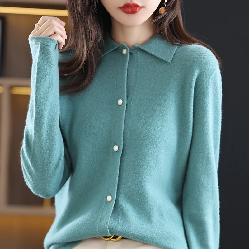 

100% Pure Wool Sweater Autumn/Winter Women's PoLo Collar Cardigan Slim Fashion Casual Knit Top Korean Plus Size Female Jacket