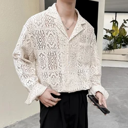 Luxury Shirts Men Transparent Mesh Lace Shirt Fall Long Sleeve Vintage Breasted Collar Shirts Fashion Embroidery Mens Streetwear