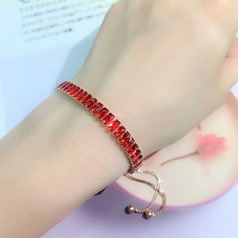 Pulsera de tenis corta ajustable de circón rojo para hombres y mujeres, cadena de cristal deslumbrante, joyería de moda, venta al por mayor