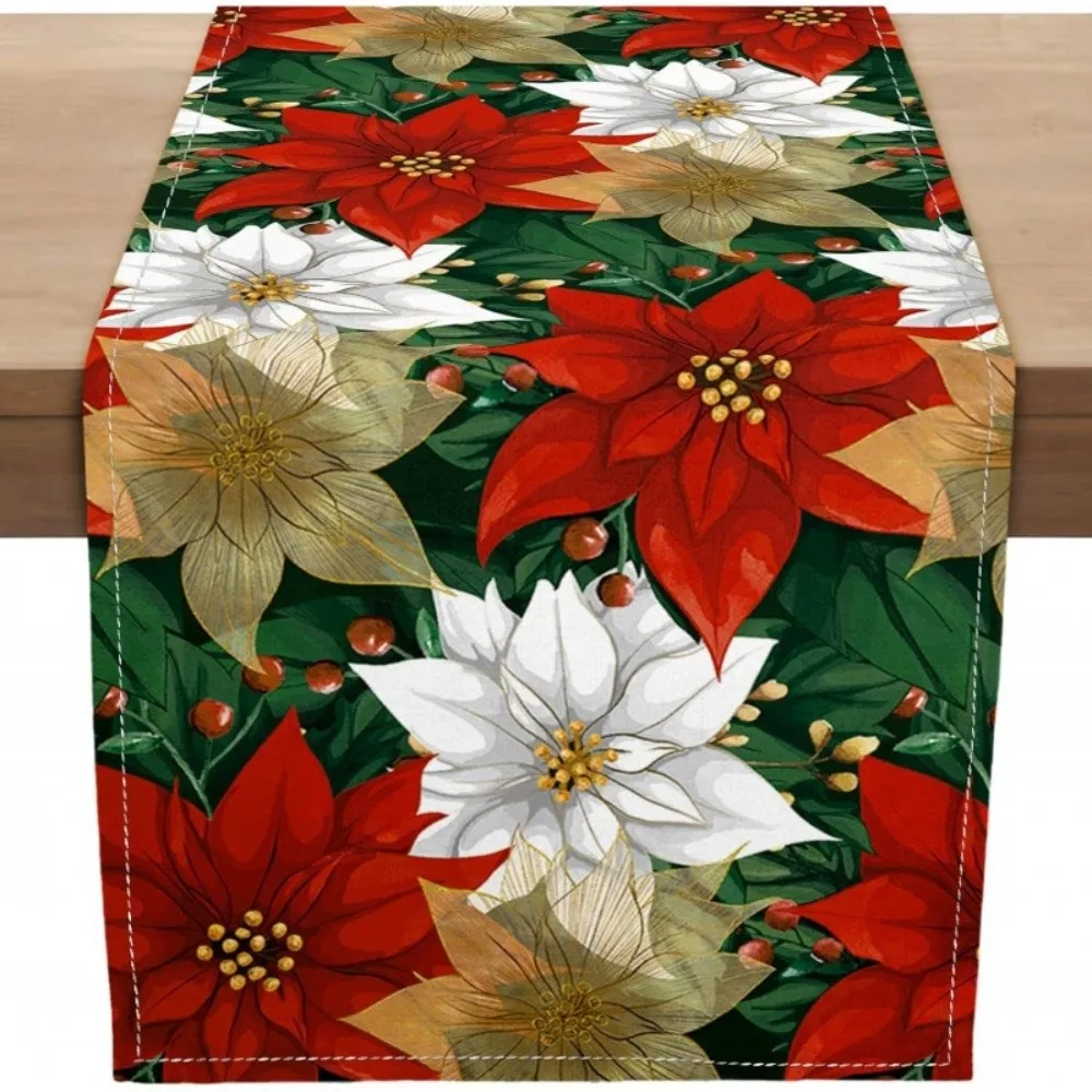 Poinsettia Flower Pattern Christmas Table Runner Long Length Linen Material Table Decor Cloth Rectangular Shape