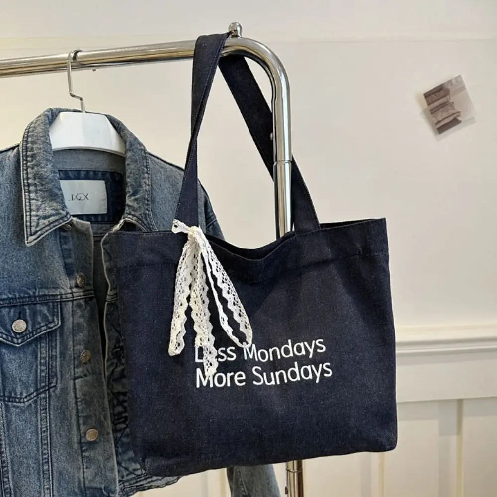 Large Capacity Denim Tote bag Multifunctional Shopping Bags Printed handbag Fashion Denim fabric Lace scarf shoulder bag Gift