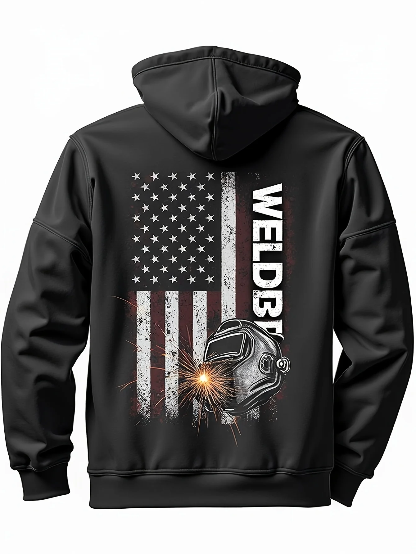 Men Welder Back Print Hoodie, Vintage American Flag Welding Helmet Spark Graphic Drawstring Kangaroo Pocket Pullover Sweatshirt Patriotic Welder Worker Hooded Tops