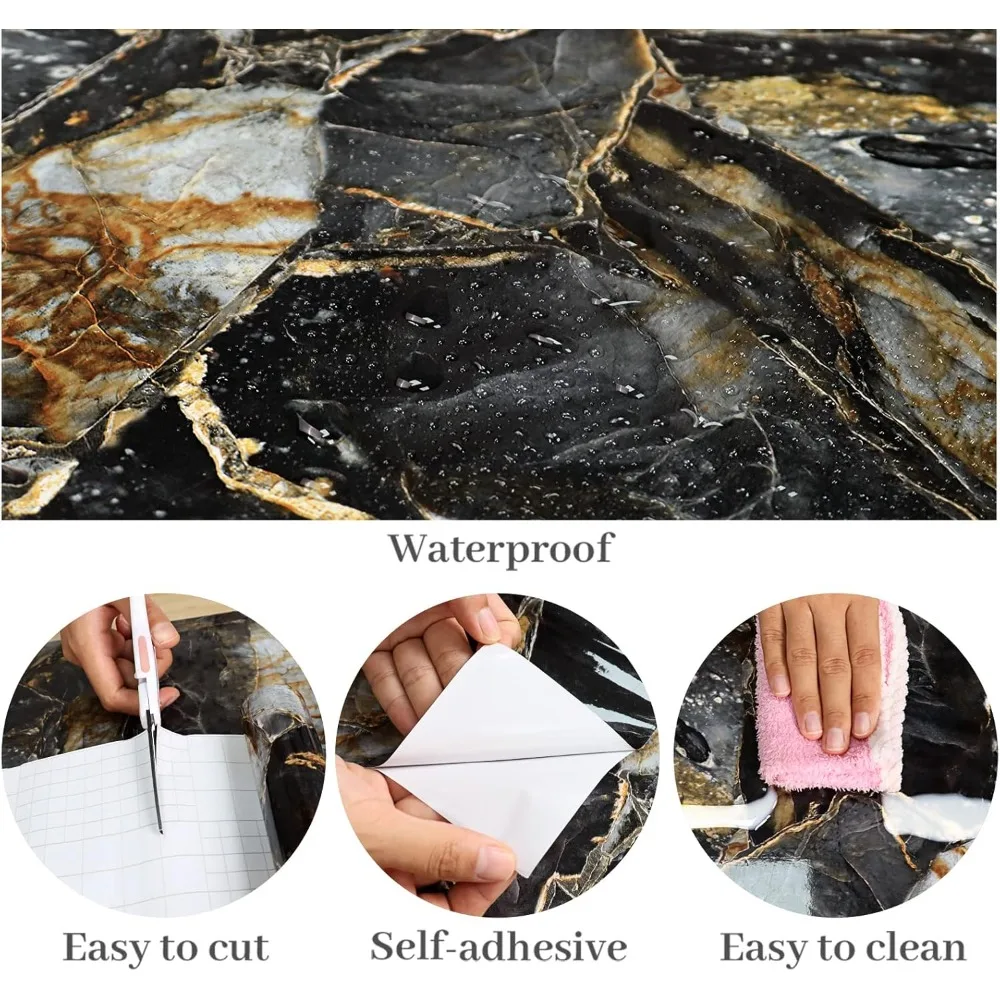 ورق حائط كبير من الرخام الأسود والذهبي قابل للإزالة مقاوم للماء ذاتي اللصق وقابل للإزالة للمطبخ والحمام #3