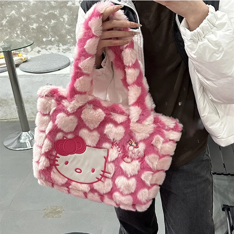 Sac à main Hello Kitty en peluche Anime pour filles, sac sous les bras de dessin animé, sac étudiant Kawaii, haute capacité, cadeau coeur, Y2K