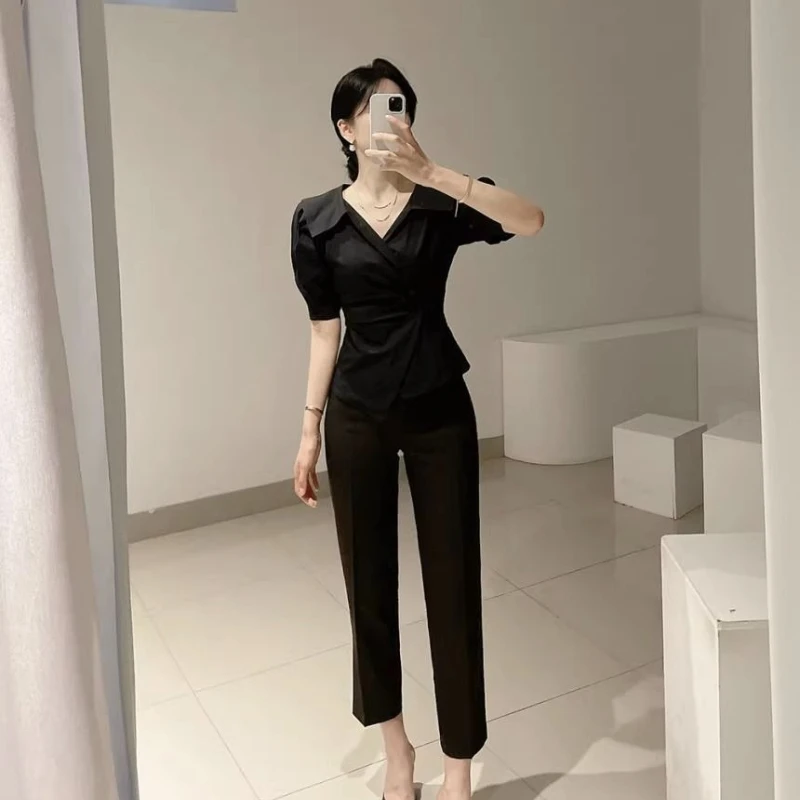 Ladie's Asymmetric Diagonal-button Waist-cinching Summer Blouse French Chic Lapel Collar Slimming Puff Sleeve Chiffon Top