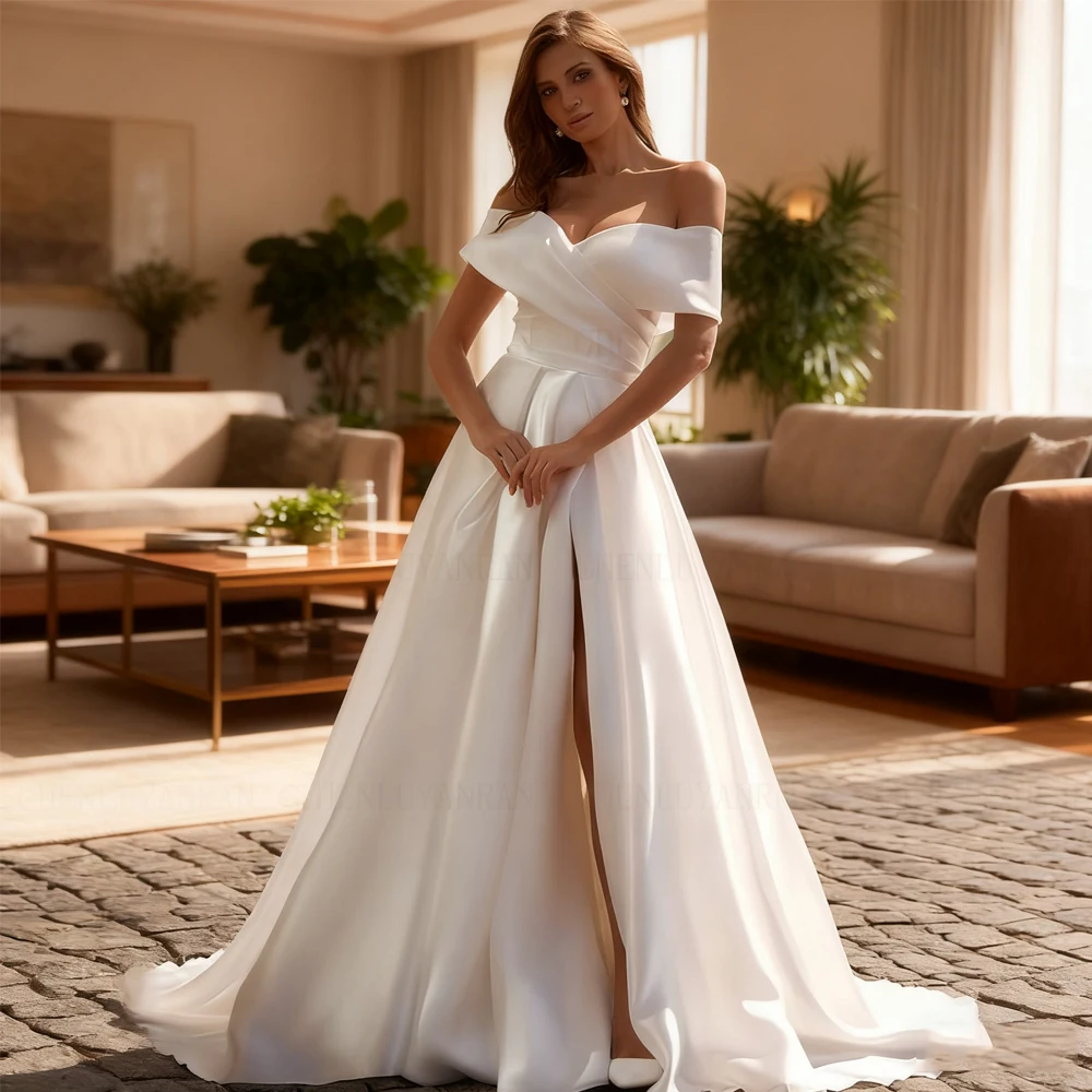 

Свадебные платья с открытыми плечами, плиссированное атласное платье невесты с v-образным вырезом, сексуальное платье на заказ для женщин, 2025 Robe De Mariée