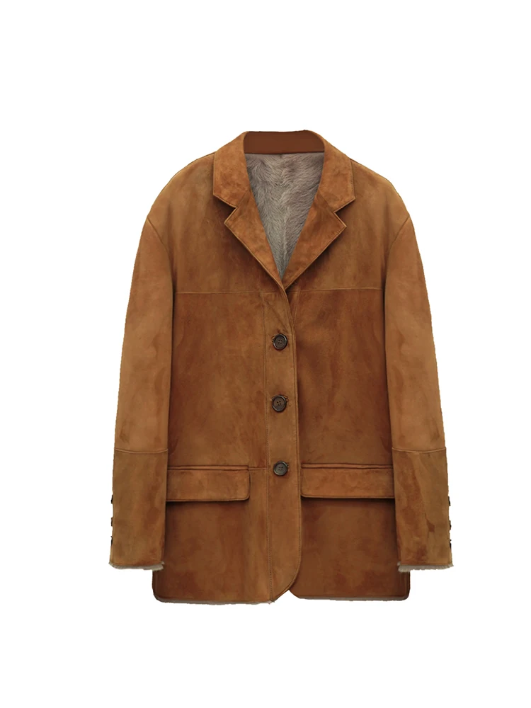 High-end-Luxus Echt Ziegenleder Lamm Pelz Wildleder Mantel für Frauen Einfache Klassische Vintage Echtpelz Echtes Leder winter Blazer Jacke