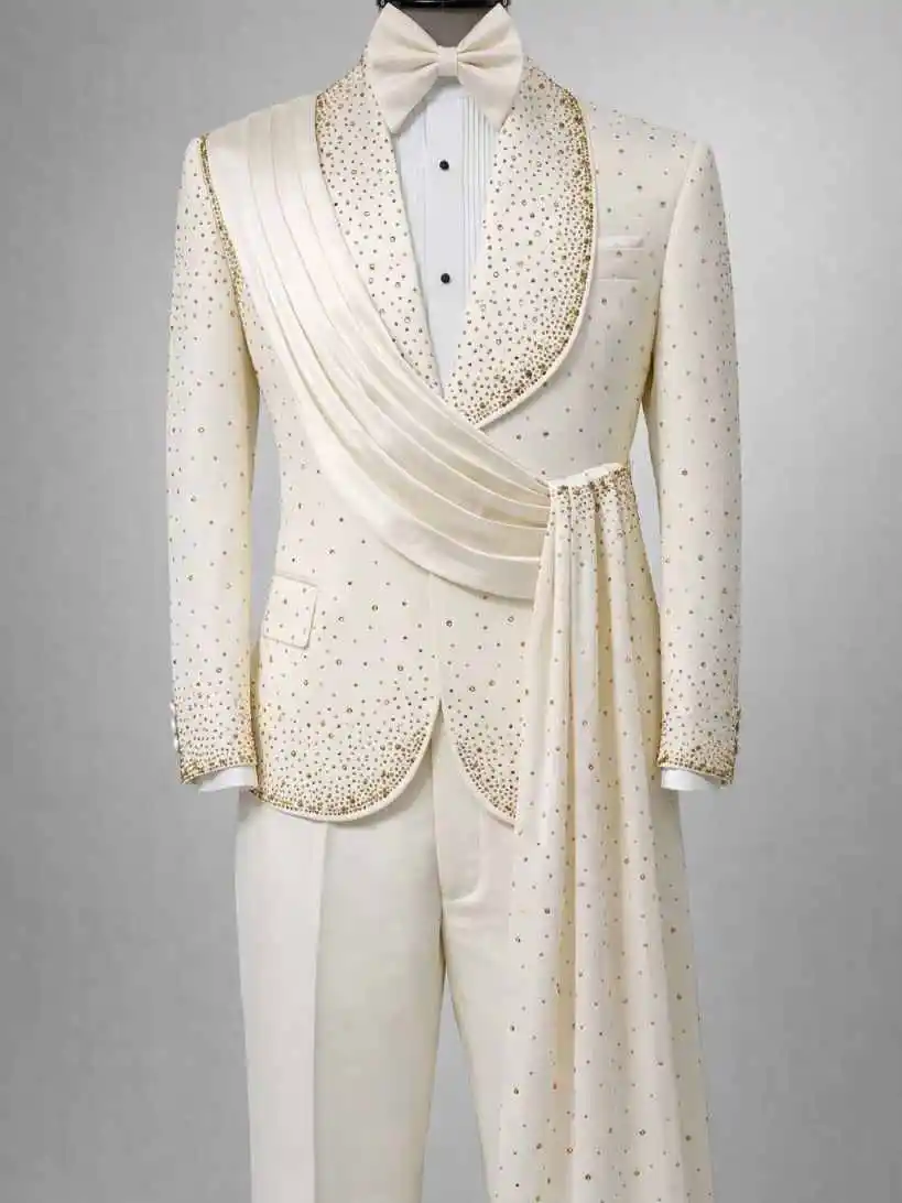 Designer Groom Wedding Tuxedos 2 Pieces Beads Shawl Lapel Man Pants Coat Birthday Party Prom Outdoor Wear Outfit  Customized