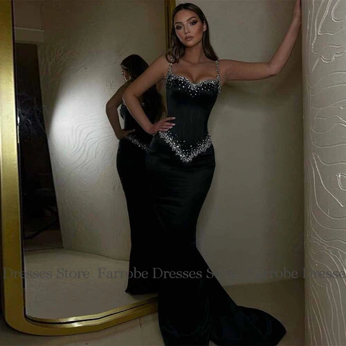 Imagen 2 del producto Vestidos de noche atractivos 2025 Vestido de fiesta de sirena/trompeta de satén Vestido de cumpleaños largo con diamantes de imitación/cristales de novia negro