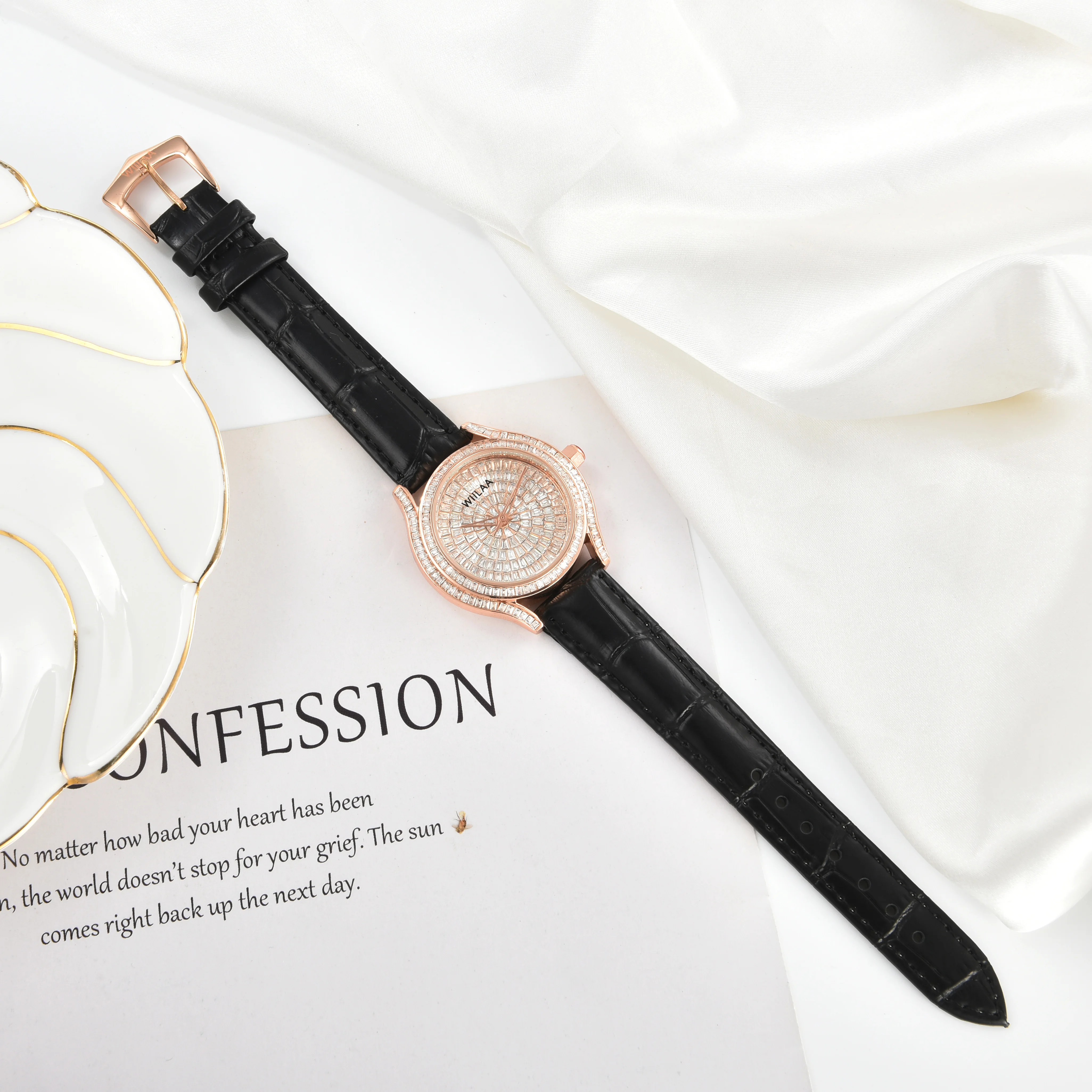WIILAA Luxury Women's Crystal Quartz Watch - Full Baguette Rhinestone Dial Black Leather Strap Ladies Fashion Wristwatch for Par view 4