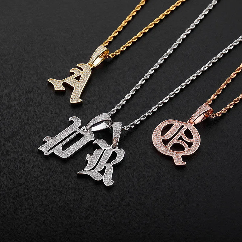 

Euramerican Old Font 26 Letter Iced Out Bling Pendant Necklace Mirco Pave Prong Setting Men Women Fashion Hip Hop Jewelry BP106