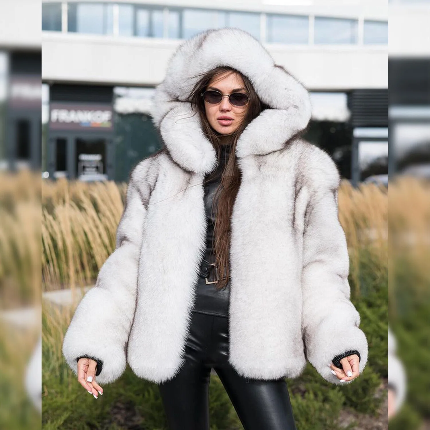 Womens Natural White Real Fox Fur Coat Hooded Bomber Jacket Warm Short Outwear women's clothing trend 2024 New in coats Jackets