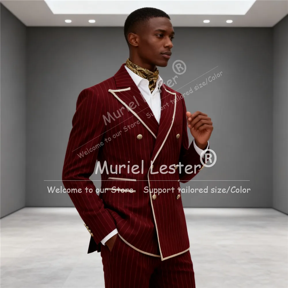 ネイビーストライプメンズスーツピークドラペルダブルブレスト2ピースジャケット+パンツスリムスマートカジュアルフォーマルパーティー新郎タキシード衣装