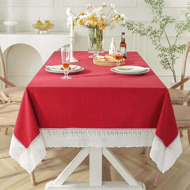 Luxury Solid Color Cotton and Linen Tablecloth French Lace Desk Tea Table Cover for Living Room Washable Anti-Scratch Dust Cover