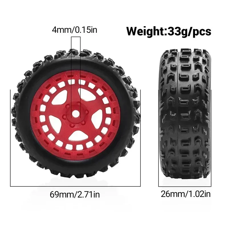 4pcs 69mm Rubber Tire Tyre 12mm Hex for Arrma 1/18 2S Typhon Grom RC Car Upgrade Parts Accessories