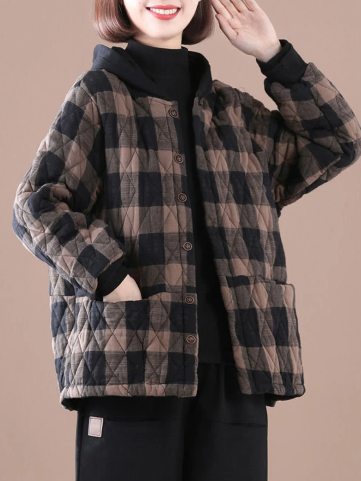 

Loose Fit Quilted Cotton Flannel ort Coat Vintage Artistic Large Size Women's Outerwear Hooded Cotton Jaet Winter Coat