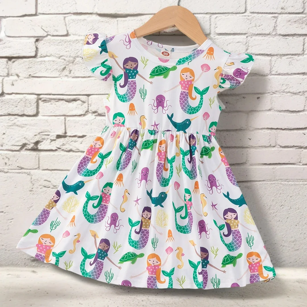 

Летние платья для девочек с милыми мультяшными животными русалочками с летающим рукавом Детские платья из хлопка с оборками для маленьких девочек