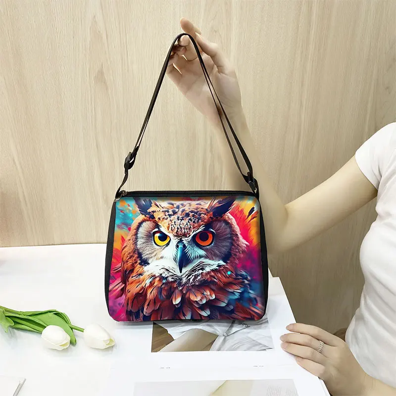 Cool Owl with Flowers Print Shoulder Bag Colorful Great Horned Owl Women Handbag White Owl Phone Holder Crossbody Messager Bag