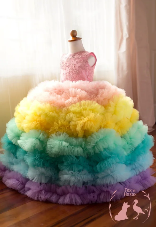 Rainbow Flower Girls Dresses Puffy Ruffles Ball Gown Tulle Dress Kids Fully Ruffled Party Dress Girls Birthday Gowns