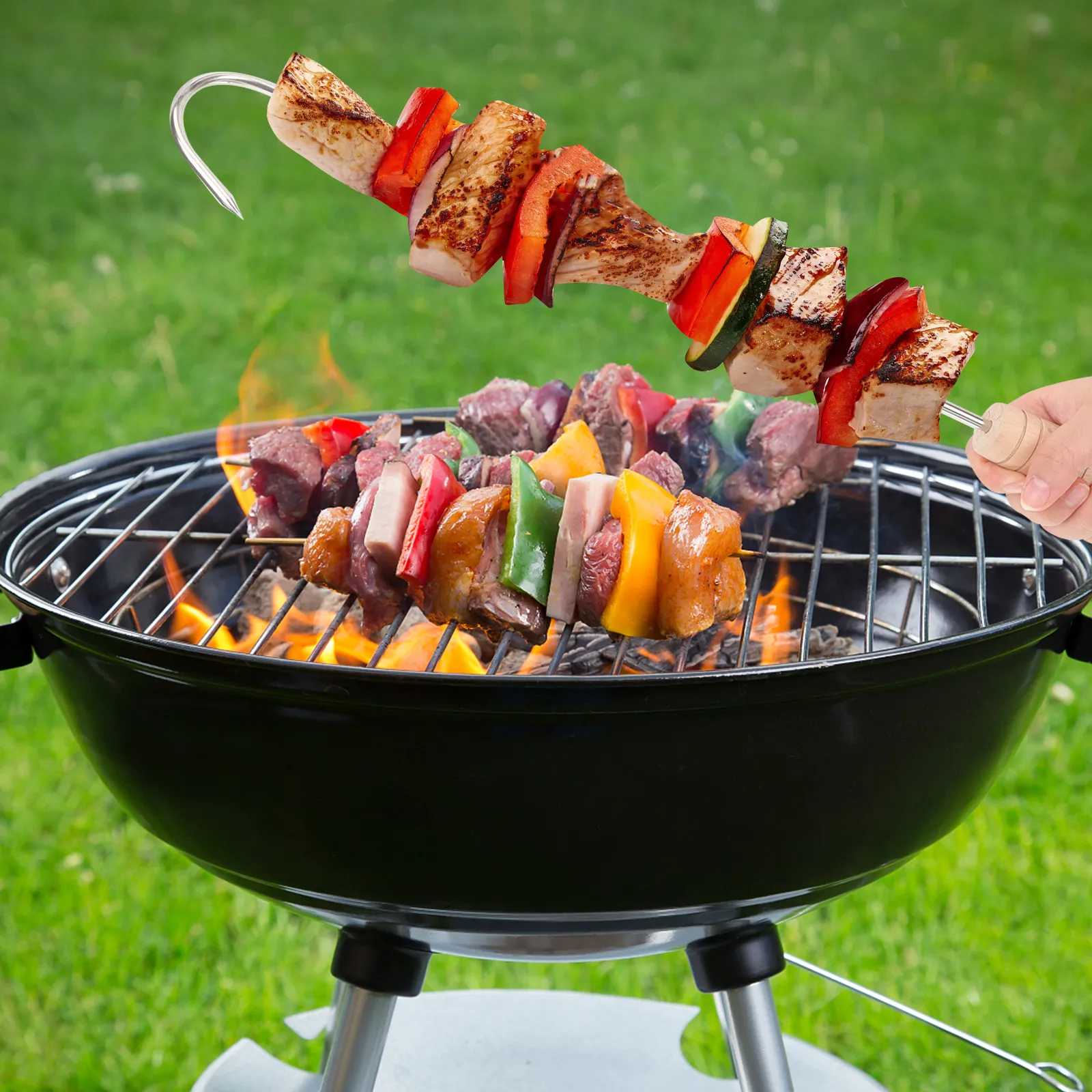 2Pcs Multi-Function Barbecue Hook Stainless Steel Prongs Wood Handle Sturdy Meat Hook for Roasting Chicken Wings Hot Dogs Pork