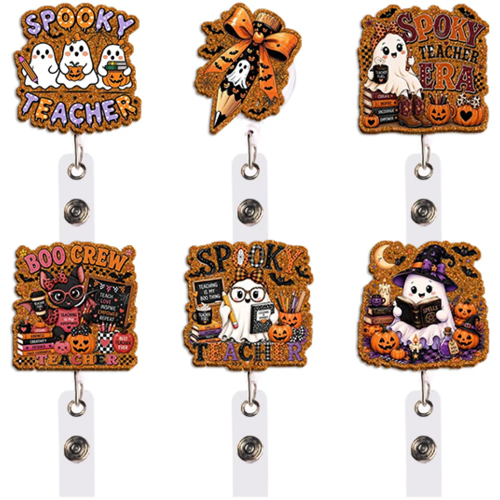 Colorful Spooky Teacher Badge Reel Retractable ID Holder Ghost Witch Hat Book Unique Gift for Fantasy Lovers