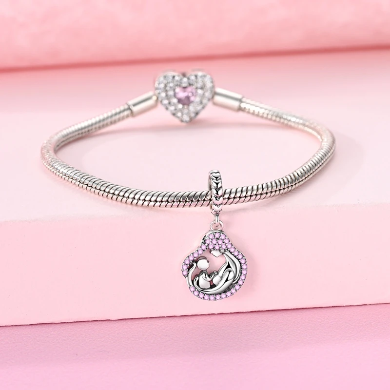 Pink Color Charms Bead 925 Sterling Silver CZ Zircon Love Happy Family Mom Gift Pendants Fit Original Bracelet DIY Jewelry