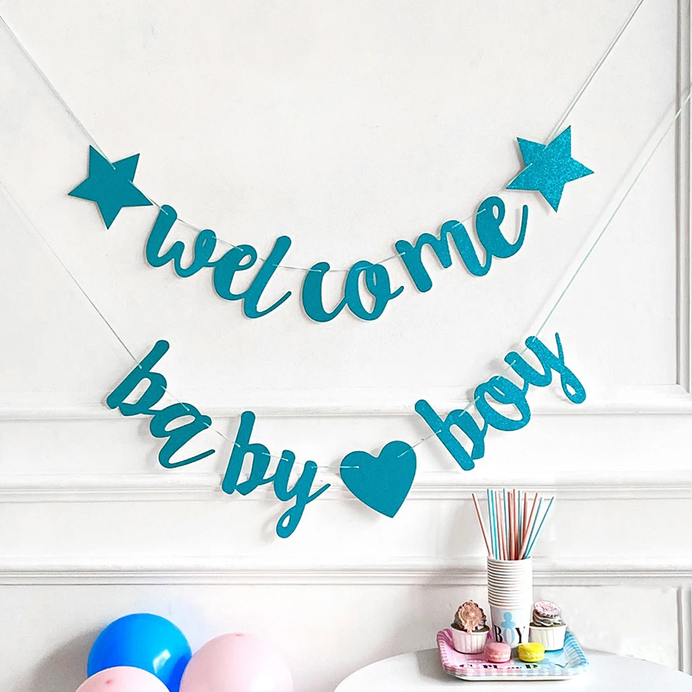 Baby Shower Decoration Banner Pink Five-pointed Star Love Welcome Baby Girl Glitter Garland Gender Reveal Party Decorations