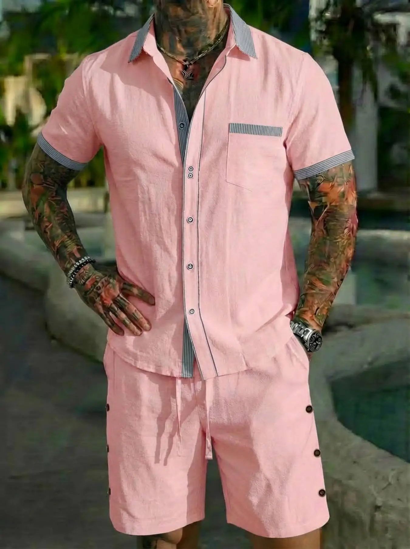 

2026 New Summer Men's Fashion Beach Set Outdoor Sports and Leisure Shirt Solid Color Loose Short Sleeve Shorts Beach Two Piece S