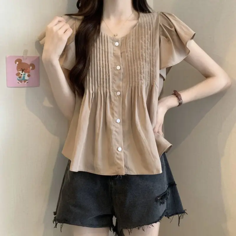 Fashion O-Neck Folds Butterfly Sleeve T-Shirt Female Clothing 2024 Summer New Loose All-match Tops Sweet Solid Color Tee Shirt