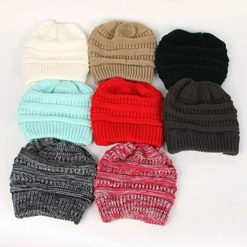 Women Winter Stretch Crochet Knitted Hat Messy Bun Ponytail Beanie Holey Warm Caps Solid Color Fashion Knit Cap Skullies