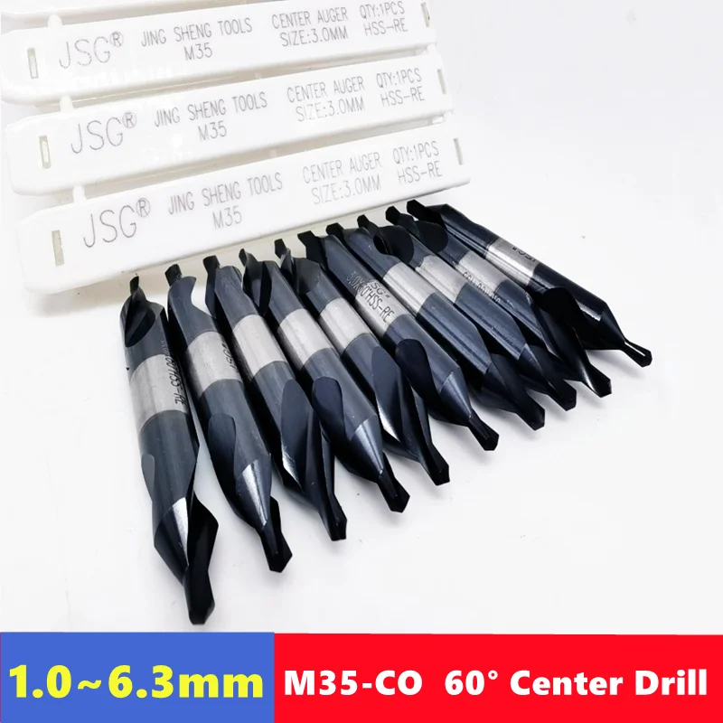 60 ° A Center Drill 1.0-6.3mm, M35-CO HSS-RE Suitable for Stainless Steel Superhard Metal Positioning CNC Lathe Drill Bits