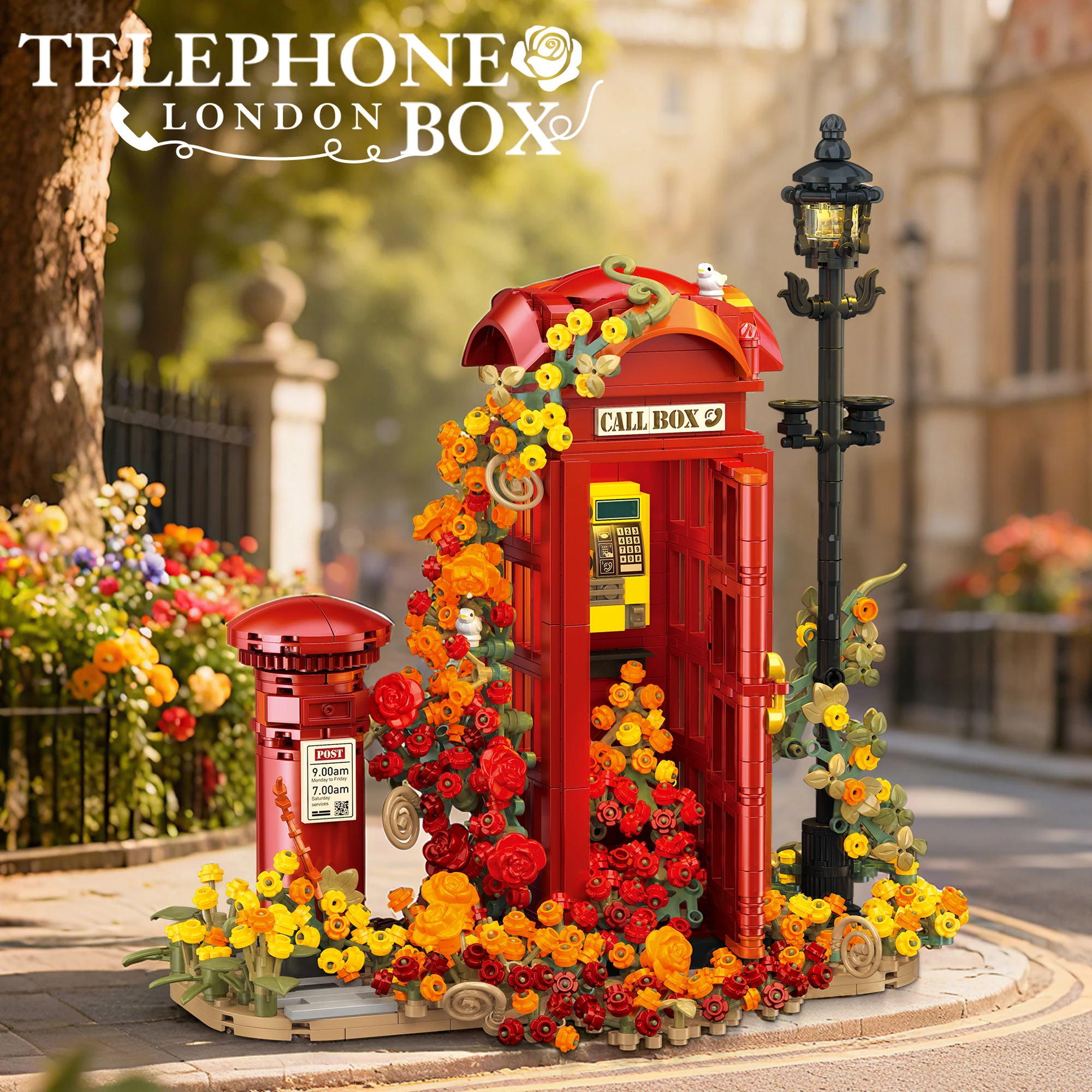 

1142PCS London Telephone Booth Building Blocks Flower Cluster Assembly Street View Bricks Toys Romantic Valentine's Day Gifts