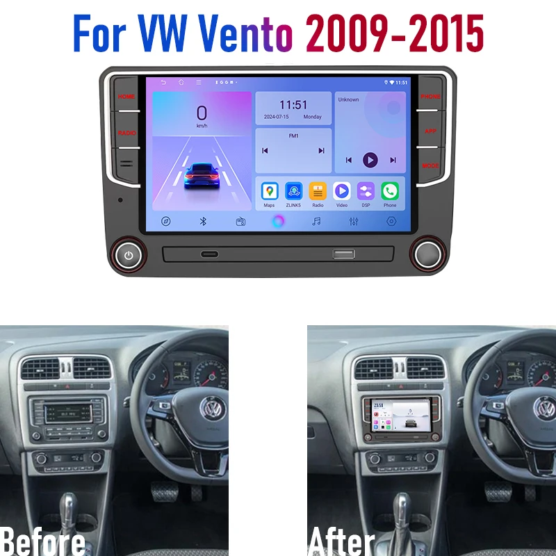 7'' For VW Vento 2009-2015 2DIN Android 15 Canbus Car Radio GPS Navi Apple Wireless Carplay BT Stereo Camera Head Unit FM