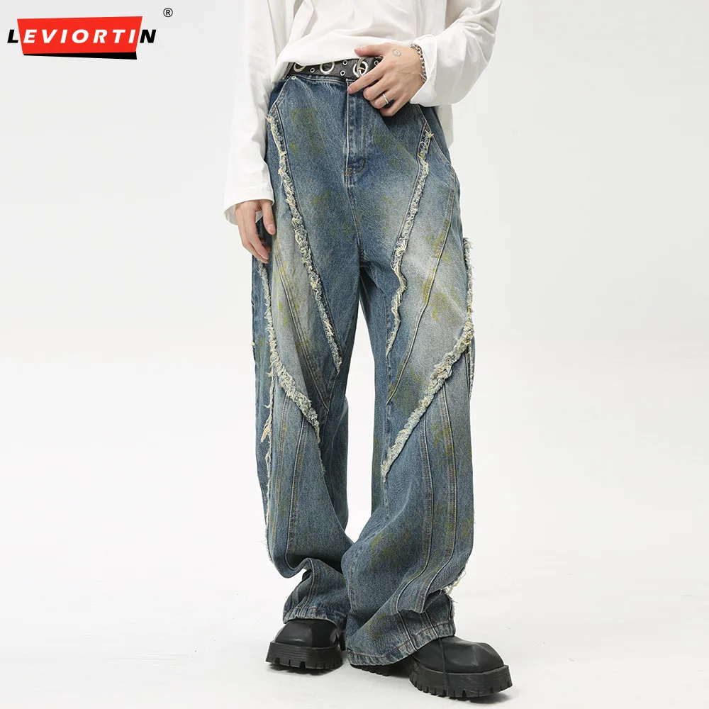 Summer Men's Straight Denim Pants Y2K Streetwear Korean Style Loose Pockets Zippers Casual Wide Leg Denim Trousers Unisex