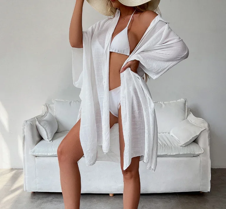 New Slub Cotton Shirt Loose Beach Cardigan Holiday Sunscreen Suit Bikini Cover-up Women Swimsuit Cardigan Khaki