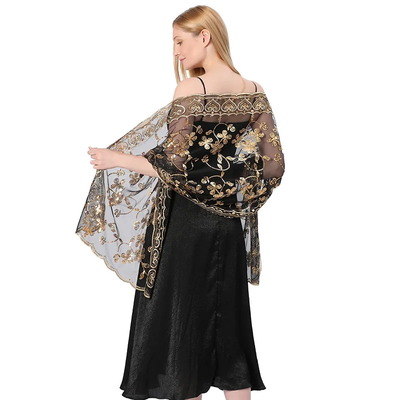 

Shining Sequins Embroidered Evening Dresses Shawls Bridal Bridesmaid Wedding Shrugs Wraps Hollow Sheer Party Shawl Cape Mariage