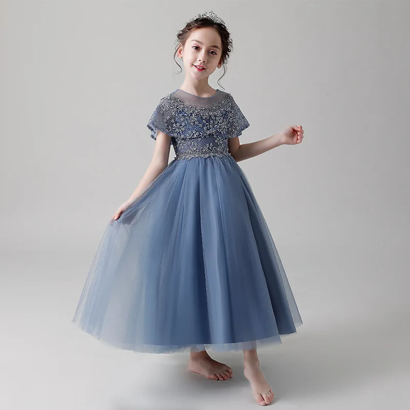 Teen Girls Long Tulle Princess Dress Little Girls Elegant Cap Sleeve Birthday Party Ball Gown Flower Girls Summer Wedding Dress