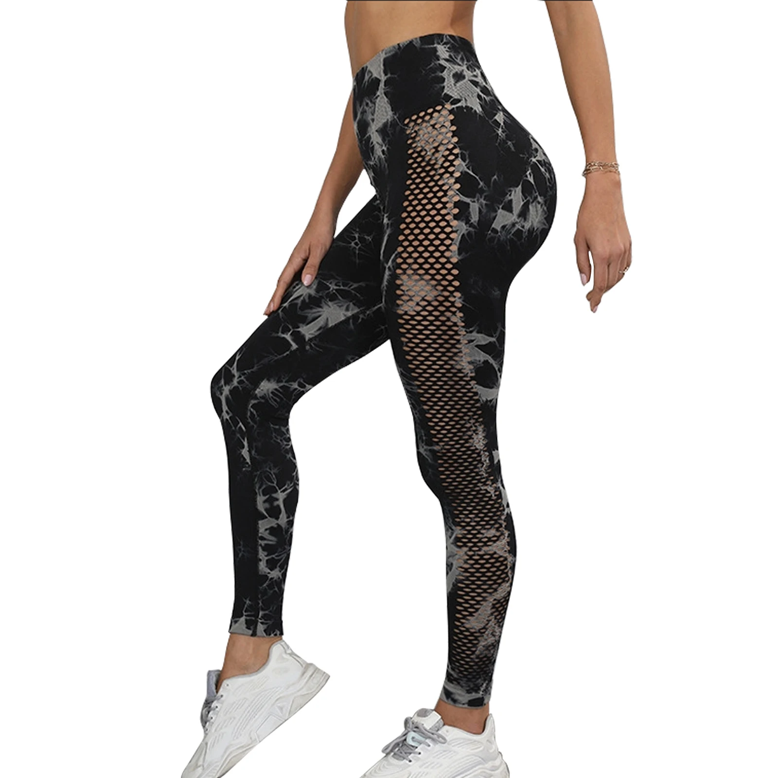 Women's Tie Dye Print Contrast Mesh Shapewear Leggings, Casual Comfy Breathable Seamless Skinny Pants for Daily Wear