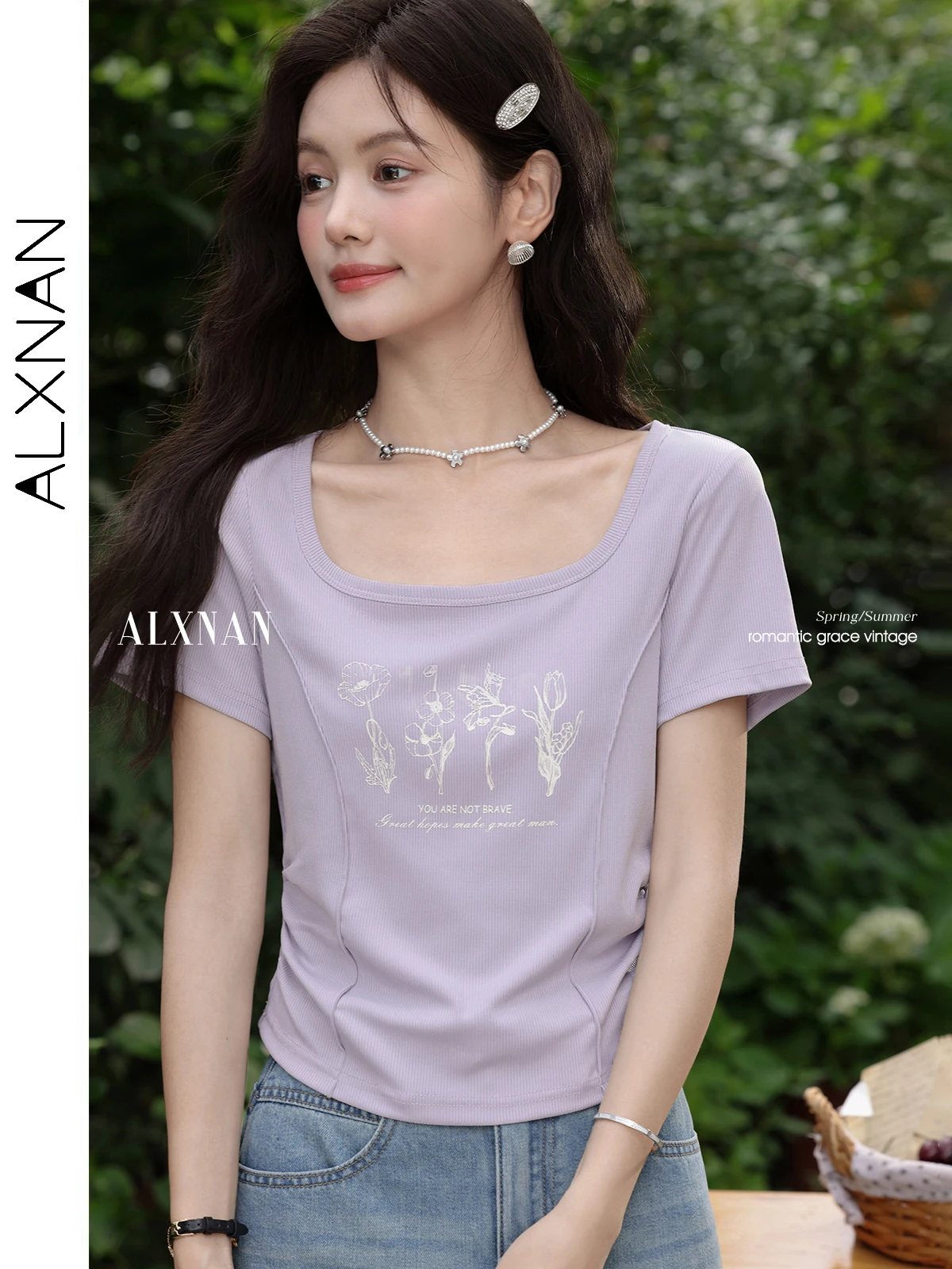 

ALXNAN Women's T-shirt Purple Square Neck Elegant Printed T-shirt 2025 Summer Casual Slim-fit Short Sleeve Tops Ladies L56052