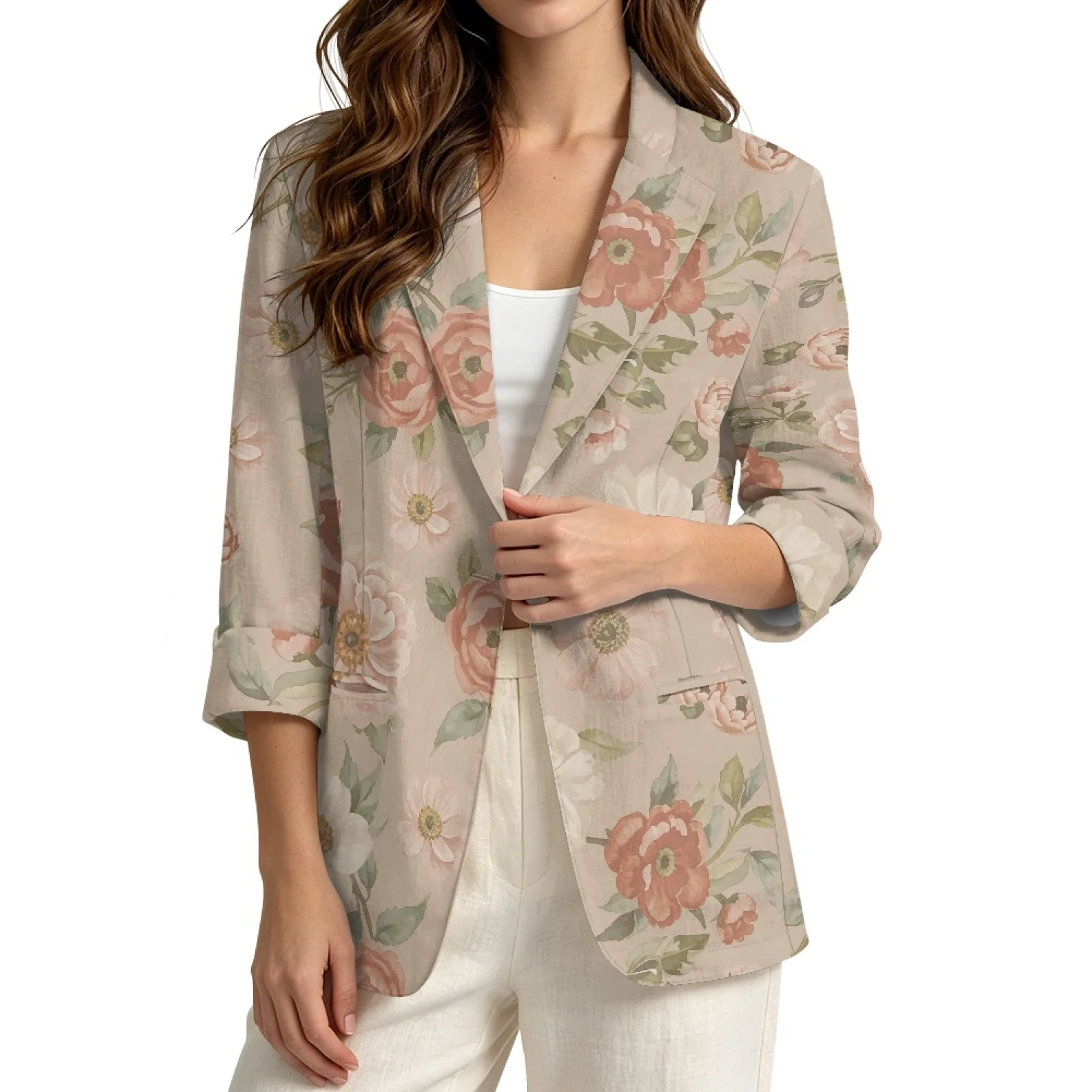 PENSTROLL Pastel Roses Linen Style Cover Up Cardigans for Vacation Loose Fit Cardigan Jacket Daily Shrug