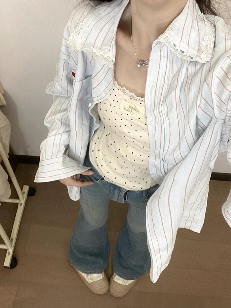 

Blue Sun Protection Shirt Women's Loose Lace Trim Striped Chic Hong Kong Style Spring Autumn New Style Long Sleeve Collar