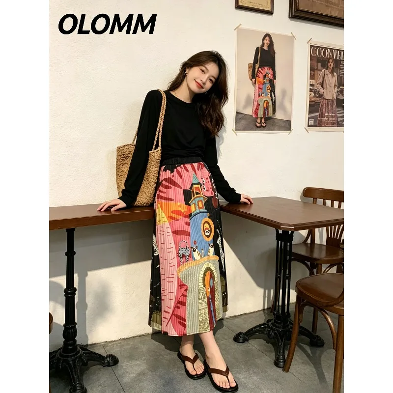 Miyake Pleated 2026 Summer New Cartoon Print Pleated Skirt Women's Fashion High Waist Slimming Casual Straight Slit Skirt Pleat