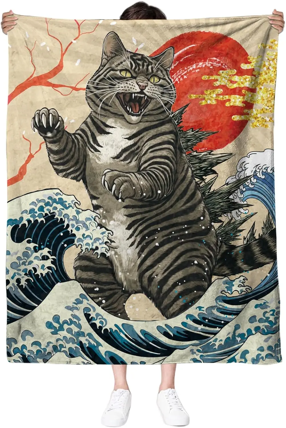 Funny Monster Tabby Cat Japanese Waves Red Cherry Branch Retro Printed Fleece Blanket Cozy Sofa Bedroom Home Ornament