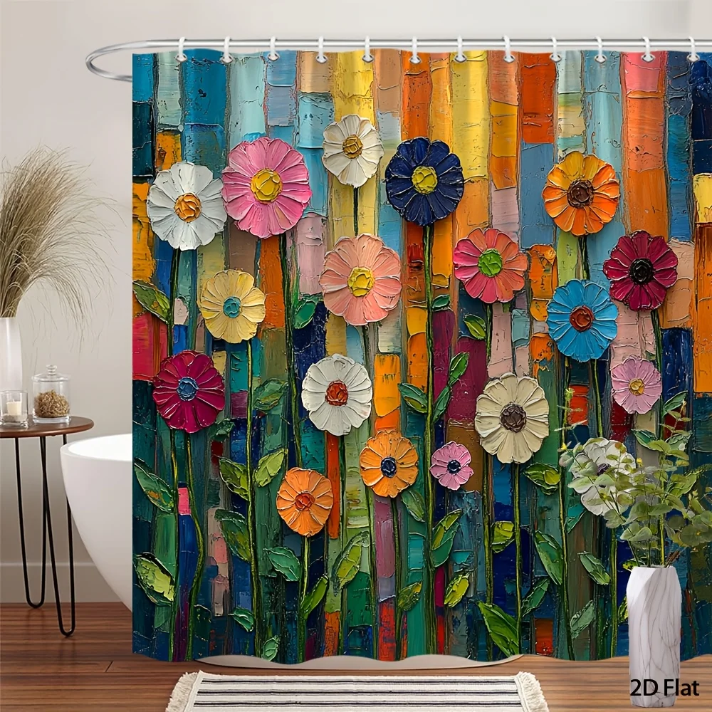 Duschvorhang mit Volkskunst-Blumenmotiv - Verspieltes Mehrfarbiges Blumendesign - Verspielte Rosa-Rot-Weiße Badezimmerdekoration