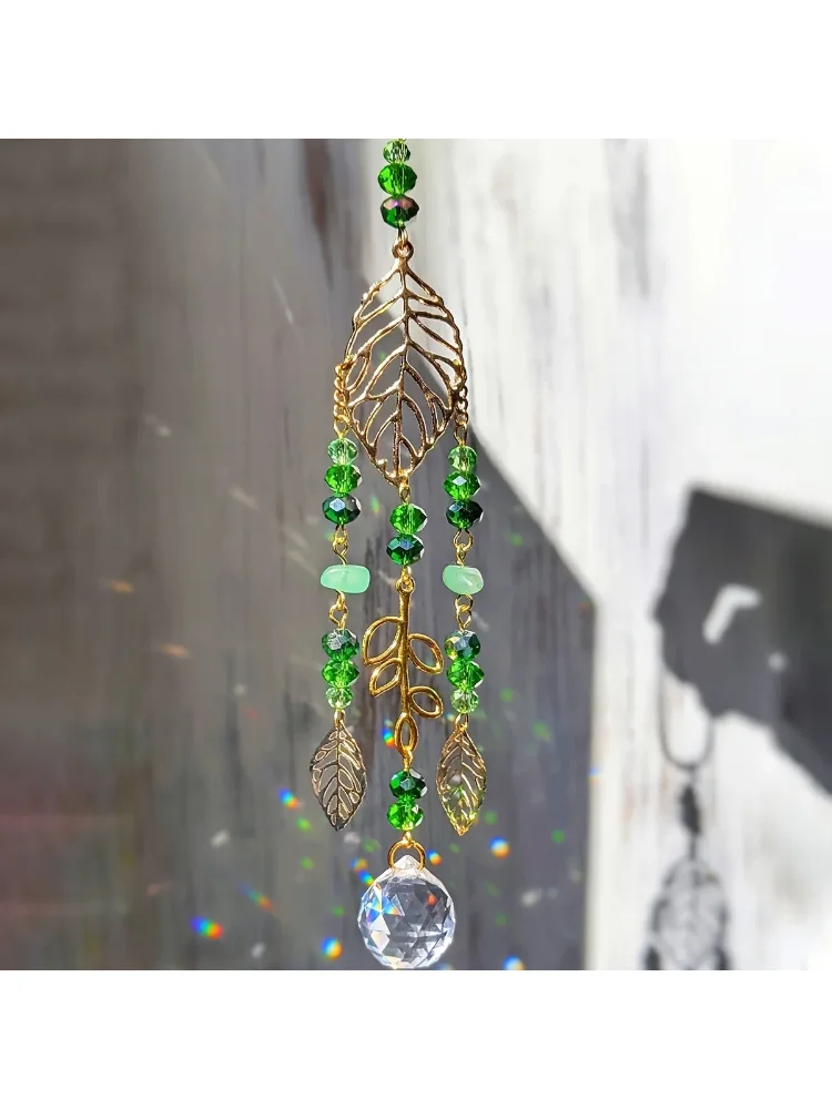 Crystal Suncatcher Gold Leaf Green Beads Hanging Prism Ball Rainbow Maker Window Curtain Decoration Garden Home Boho Decor Gift