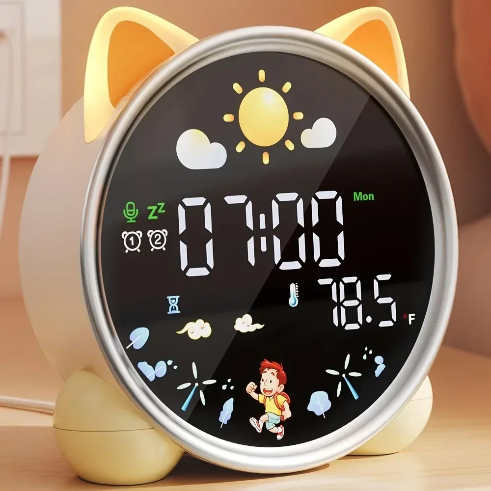 Sleep Training Clock Kids Alarm Clock Cat Night Light White Noise 7 Melodies 5 Color Lights for Kids Bedroom Christmas Gift