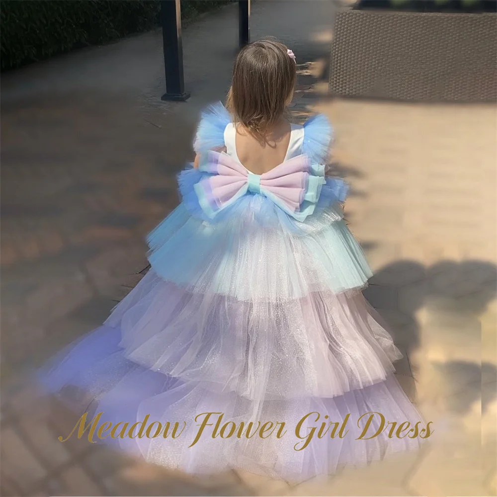 Meadow Ombre Pastel Blue Princess Girls Dress High Neck First Communion Gown Short Sleeve Children Birthday Wedding Dresses